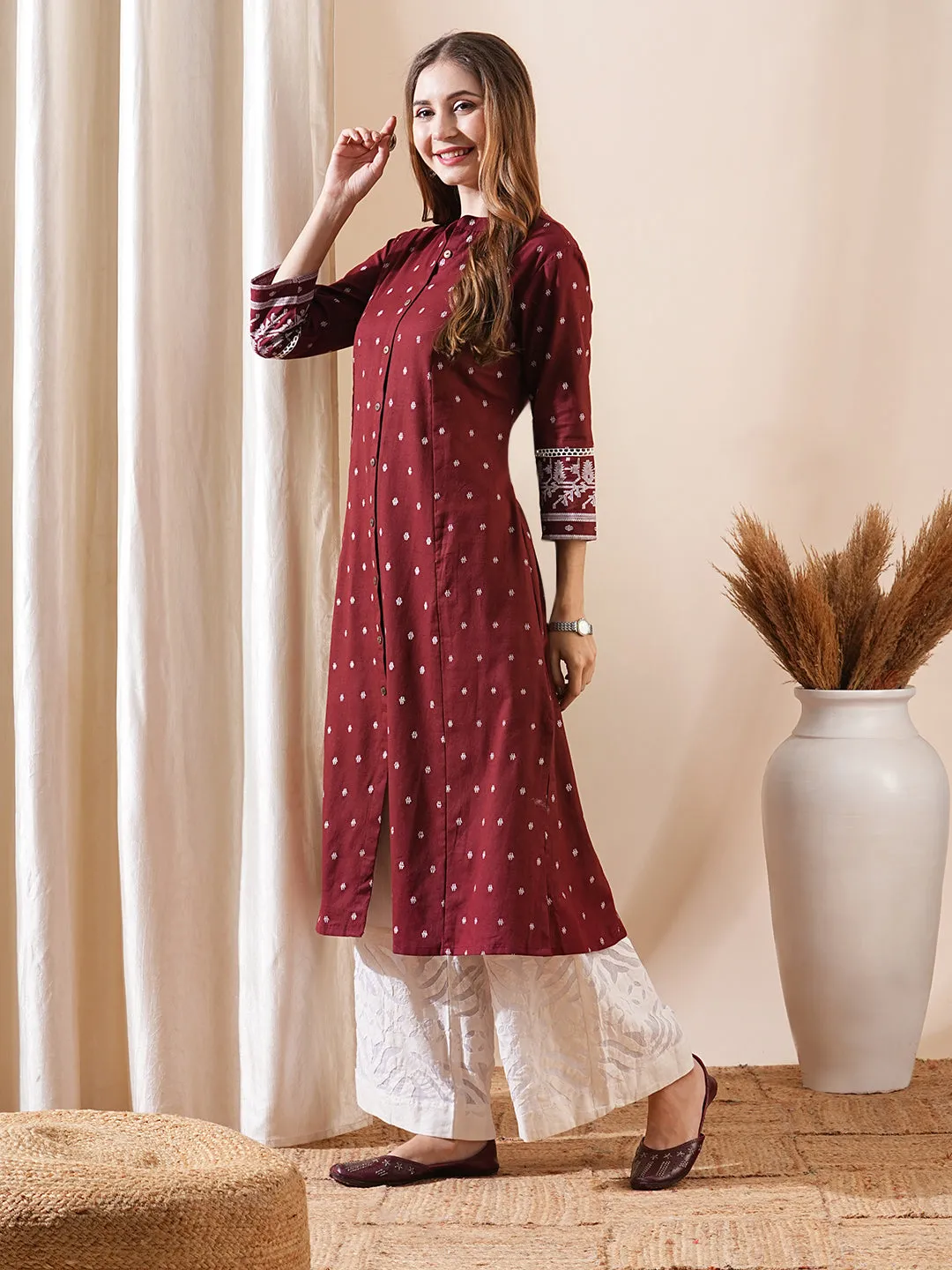 Abstract Printed Wooden Buttoned Lace Embellished Kurta - Maroon