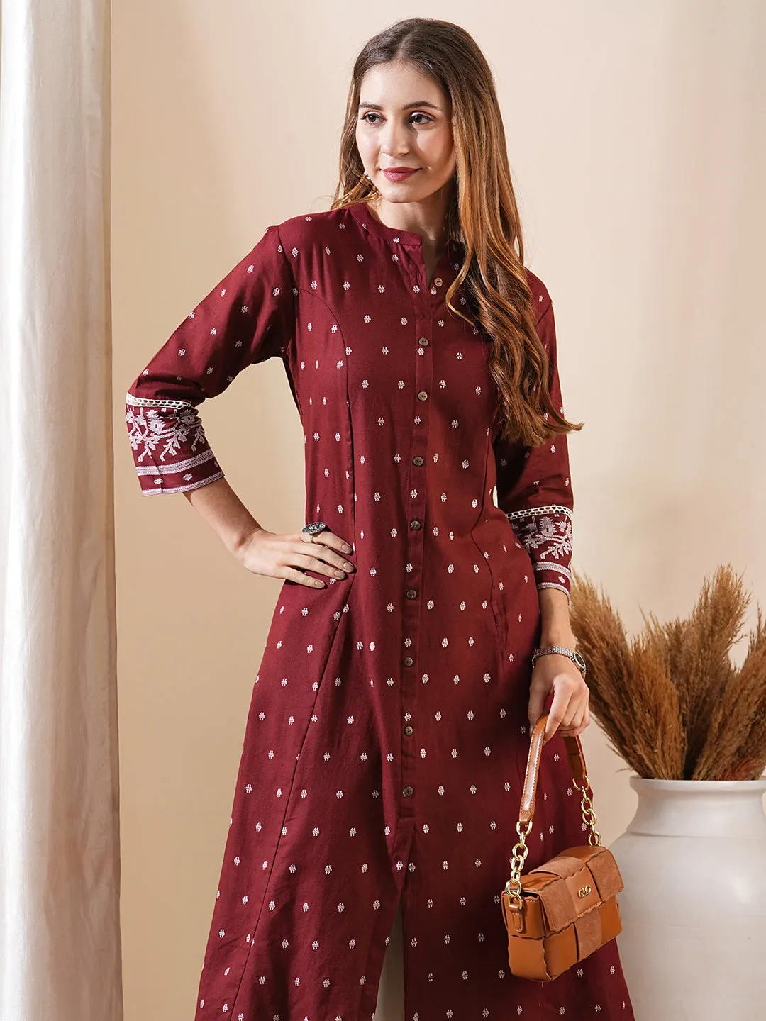 Abstract Printed Wooden Buttoned Lace Embellished Kurta - Maroon