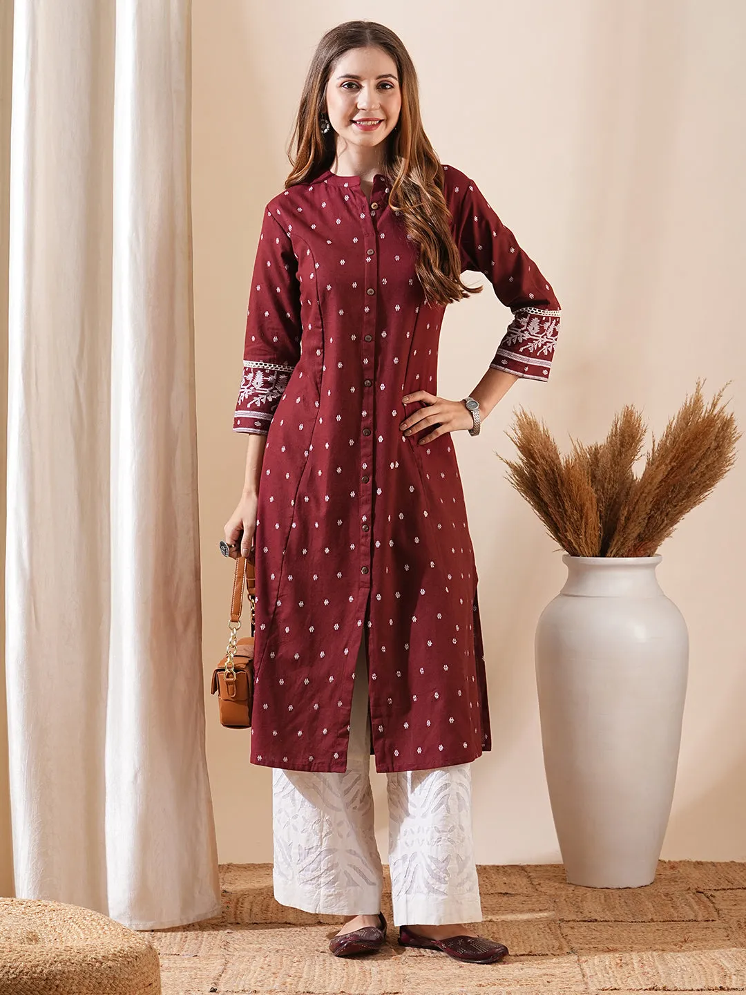 Abstract Printed Wooden Buttoned Lace Embellished Kurta - Maroon