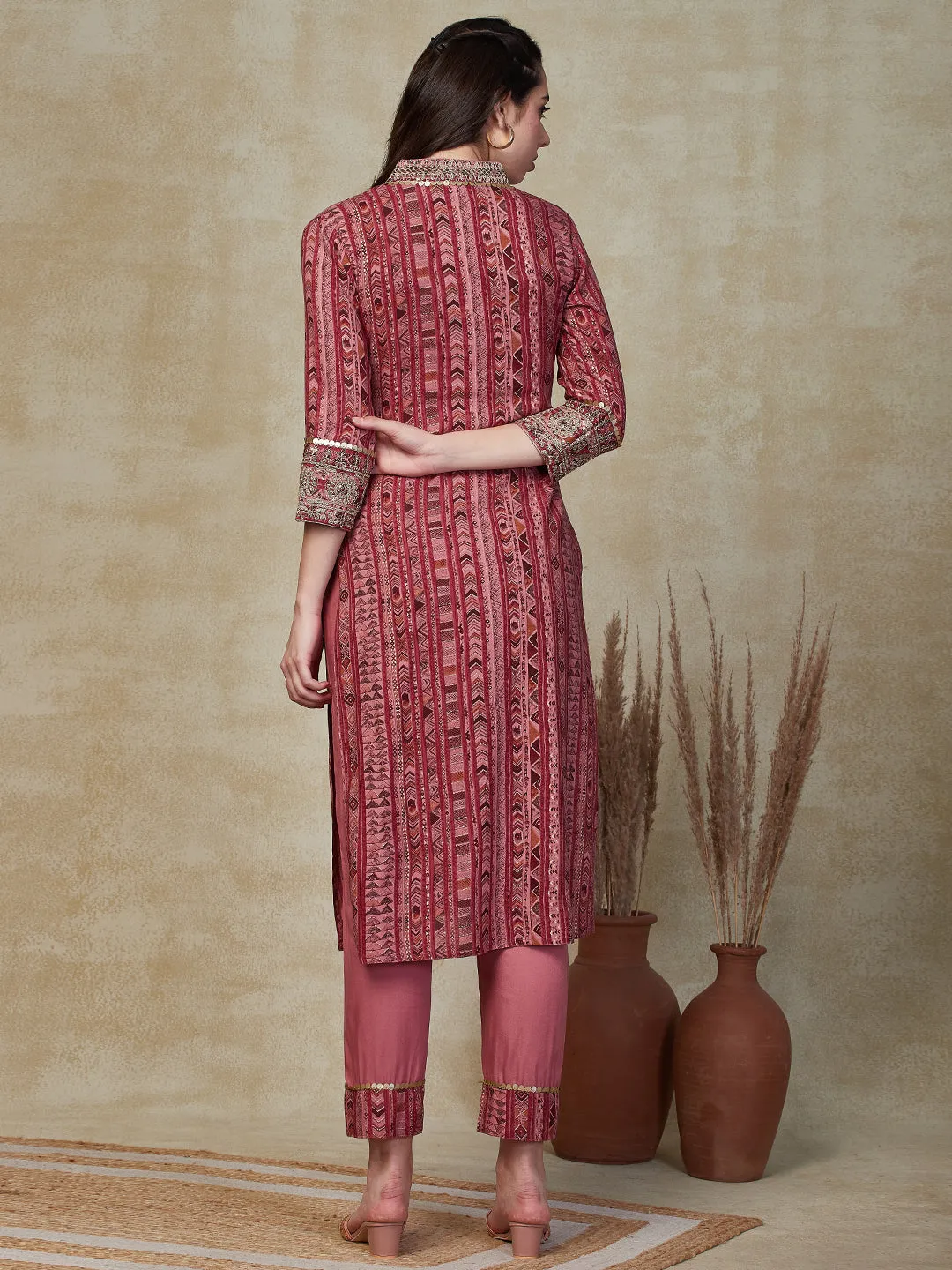 Abstract Printed Zari Dori & Sequins Embroidered Kurta with Pants - Pink