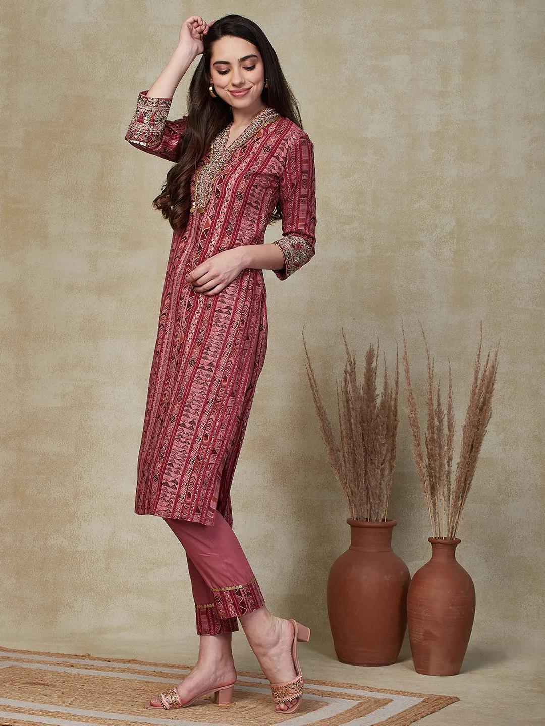 Abstract Printed Zari Dori & Sequins Embroidered Kurta with Pants - Pink