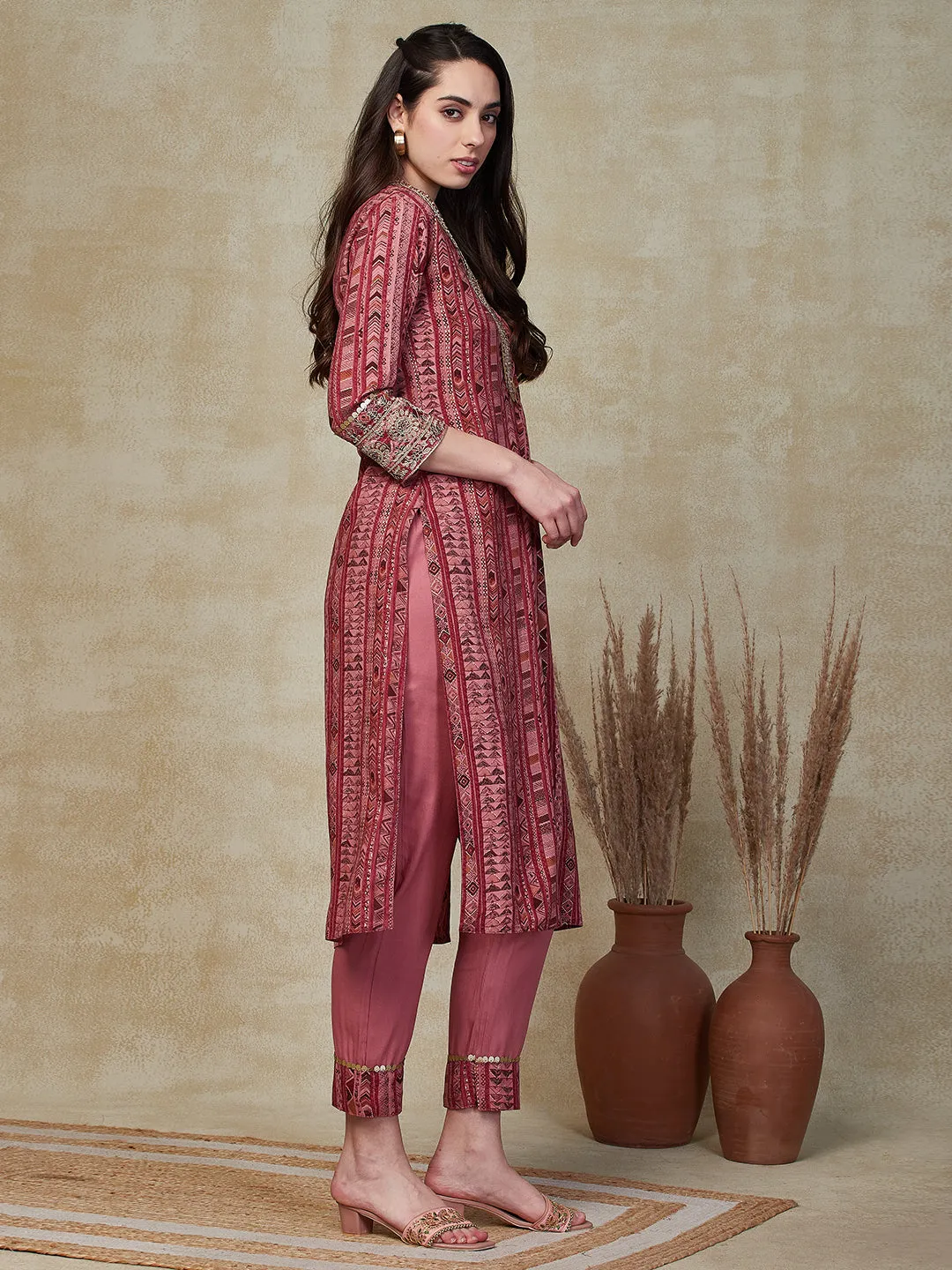 Abstract Printed Zari Dori & Sequins Embroidered Kurta with Pants - Pink