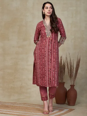 Abstract Printed Zari Dori & Sequins Embroidered Kurta with Pants - Pink