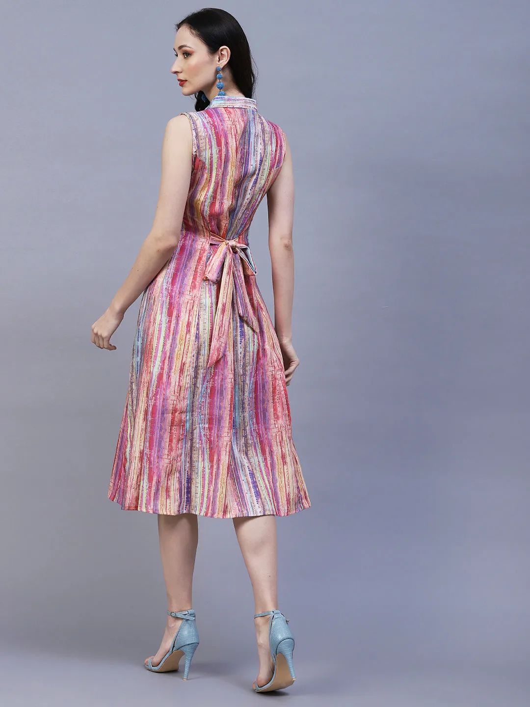 Abstract Stripes Printed A-Line Midi Dress - Multi