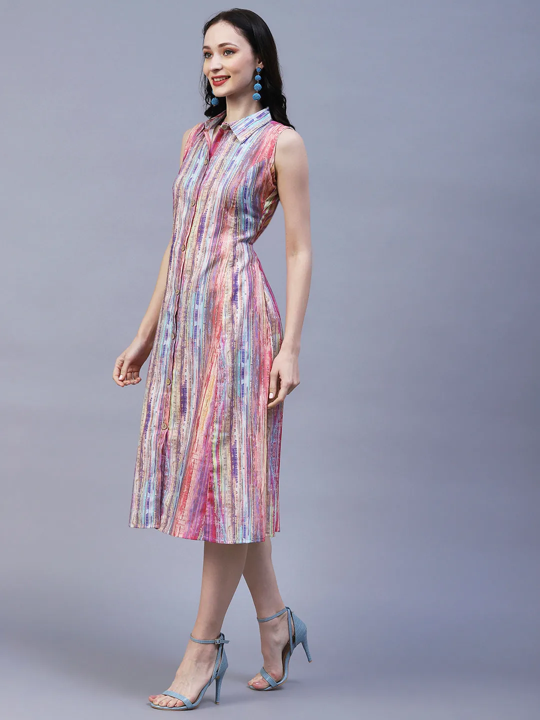 Abstract Stripes Printed A-Line Midi Dress - Multi