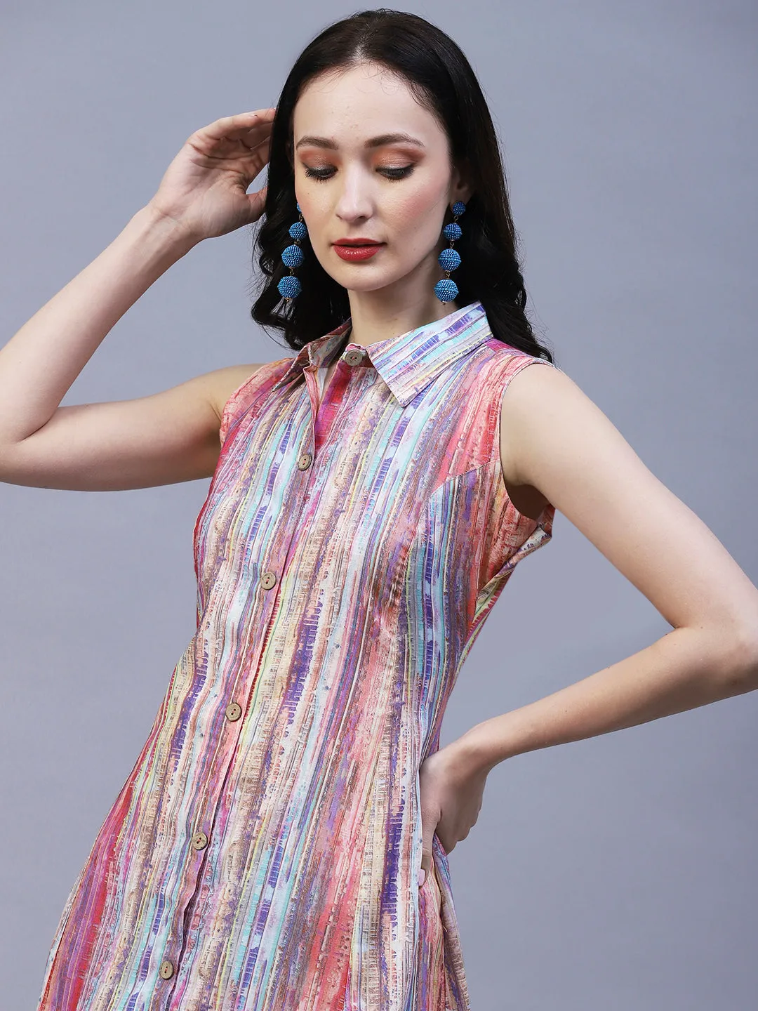 Abstract Stripes Printed A-Line Midi Dress - Multi