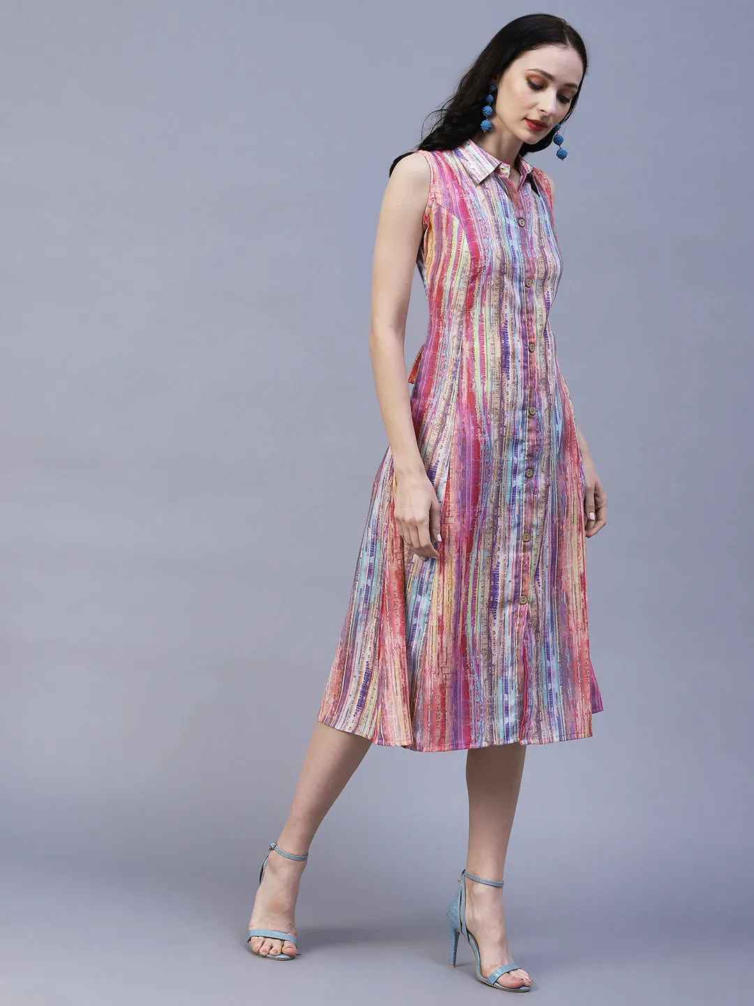 Abstract Stripes Printed A-Line Midi Dress - Multi