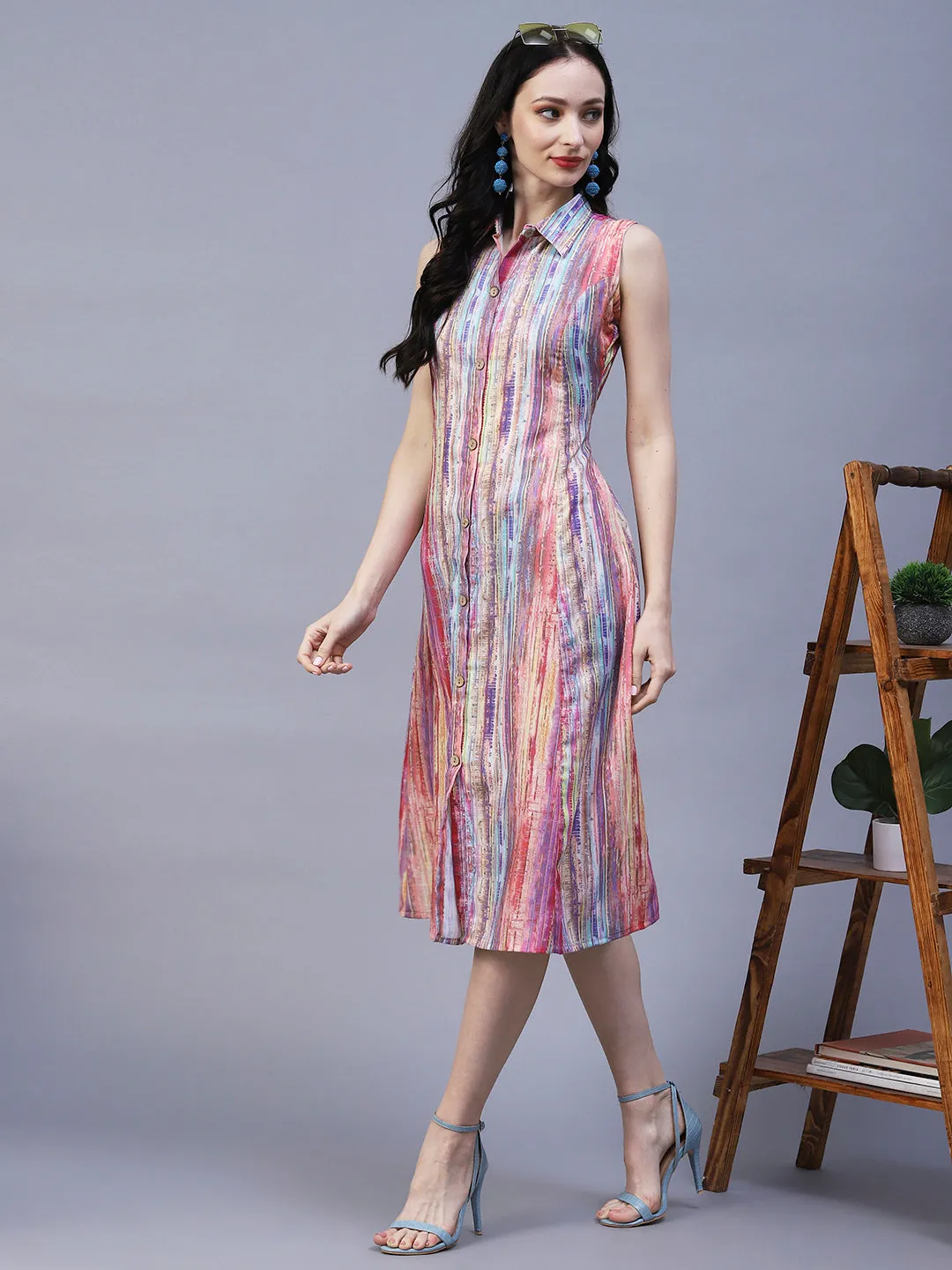 Abstract Stripes Printed A-Line Midi Dress - Multi