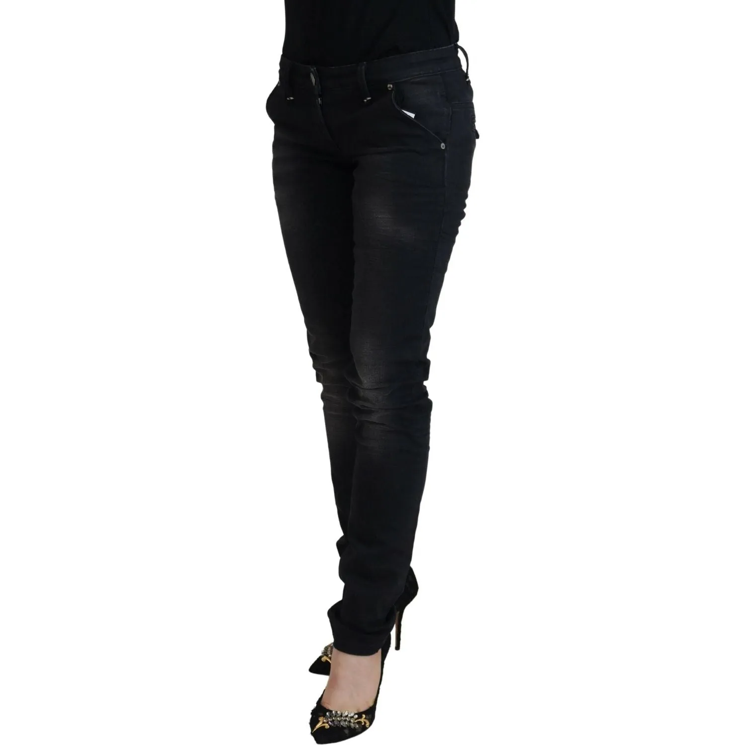 Acht Sleek Black Washed Low Waist Skinny Jeans