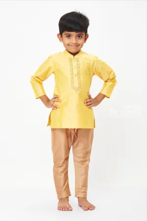 AIY. Traditional Sunshine Yellow Embroidered Kurta with Beige Cotton Pant