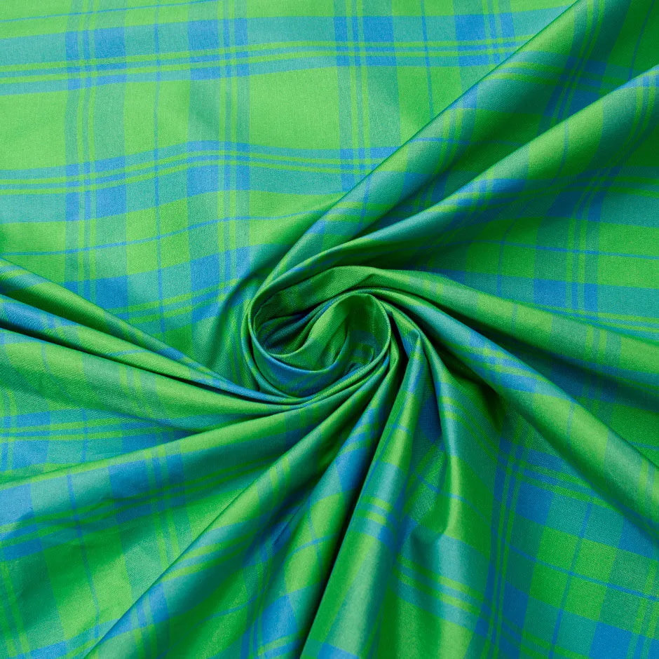 Apple Green & Blue Tartan Pure Silk Taffeta