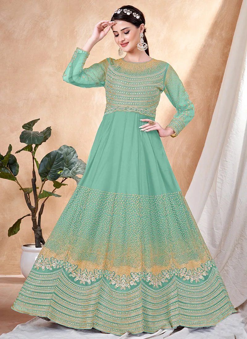 Aqua Blue Embroidery Traditional Anarkali Suit