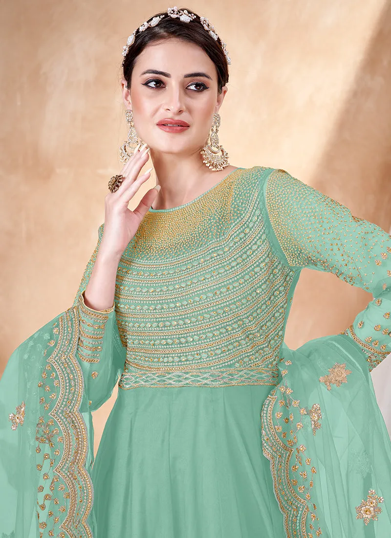 Aqua Blue Embroidery Traditional Anarkali Suit