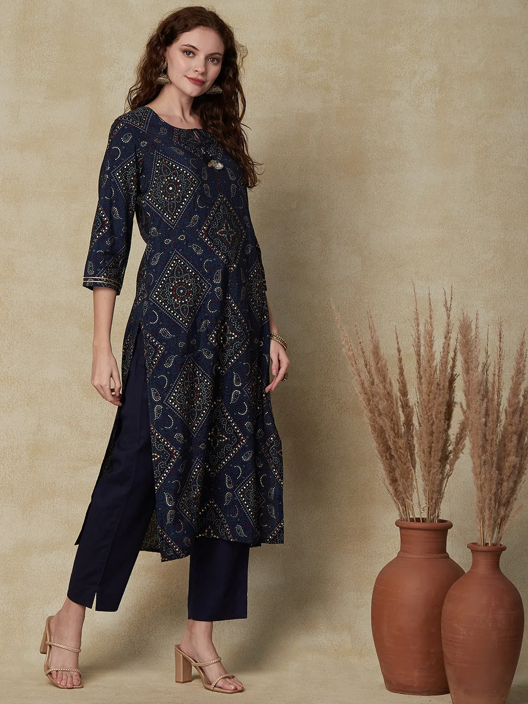 Bandhani Foil Printed Straight Fit Kurta & Pant - Navy Blue