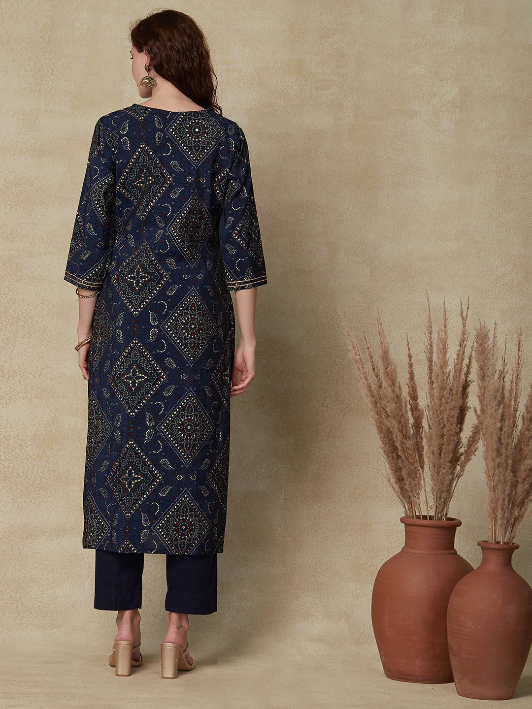 Bandhani Foil Printed Straight Fit Kurta & Pant - Navy Blue