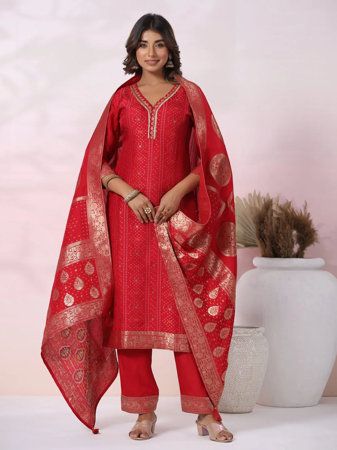 Bandhani Jacquard Woven & Embroidered Straight Kurta with Pant & Dupatta - Red