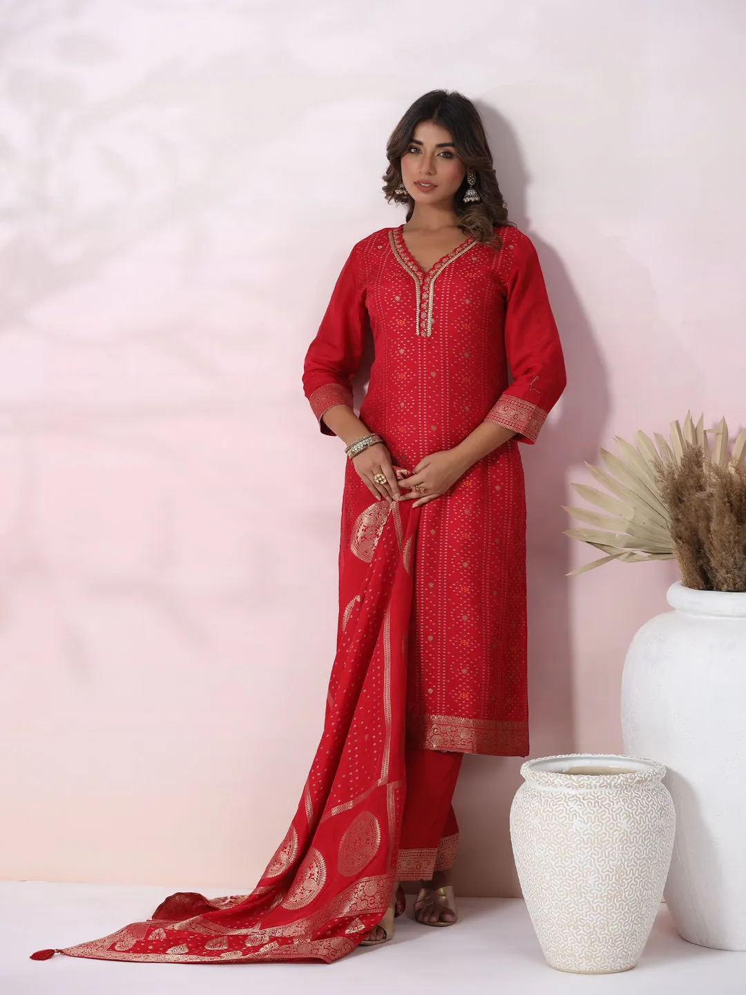 Bandhani Jacquard Woven & Embroidered Straight Kurta with Pant & Dupatta - Red