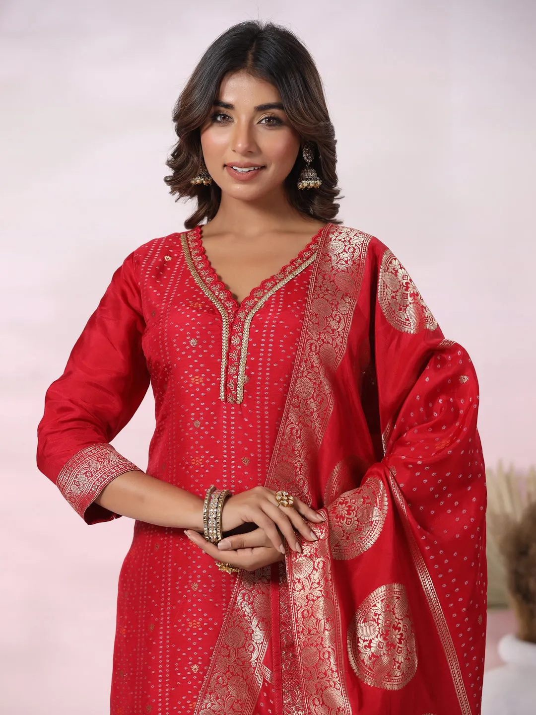 Bandhani Jacquard Woven & Embroidered Straight Kurta with Pant & Dupatta - Red