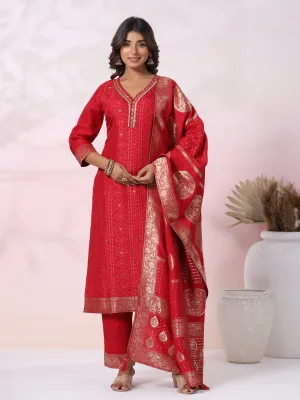 Bandhani Jacquard Woven & Embroidered Straight Kurta with Pant & Dupatta - Red