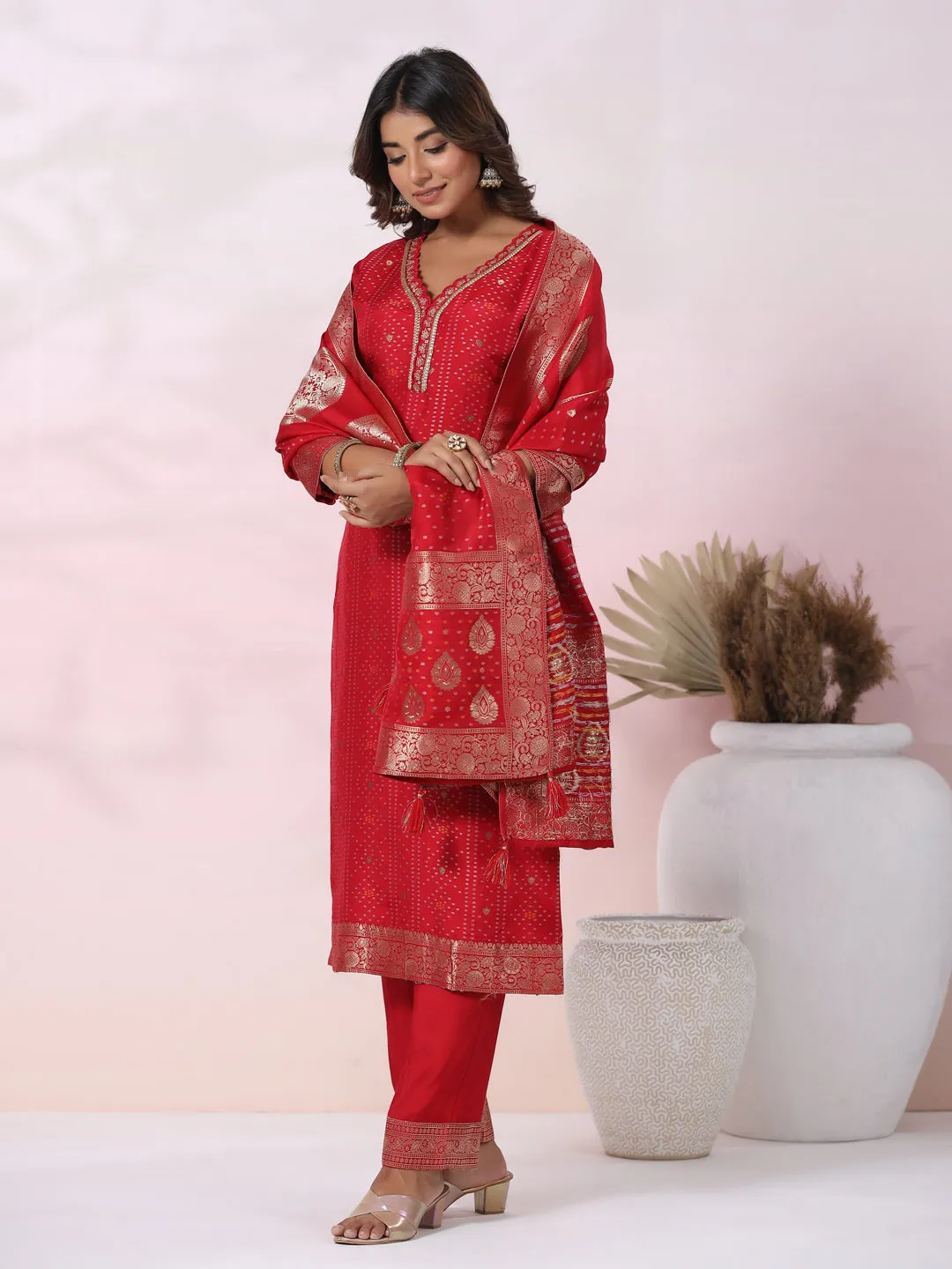 Bandhani Jacquard Woven & Embroidered Straight Kurta with Pant & Dupatta - Red