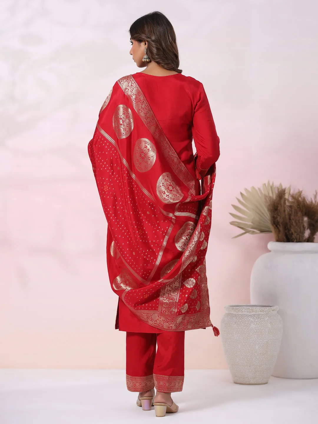 Bandhani Jacquard Woven & Embroidered Straight Kurta with Pant & Dupatta - Red