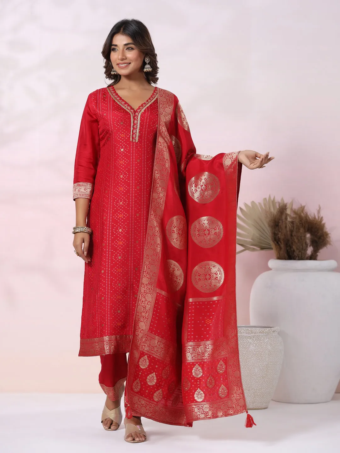 Bandhani Jacquard Woven & Embroidered Straight Kurta with Pant & Dupatta - Red