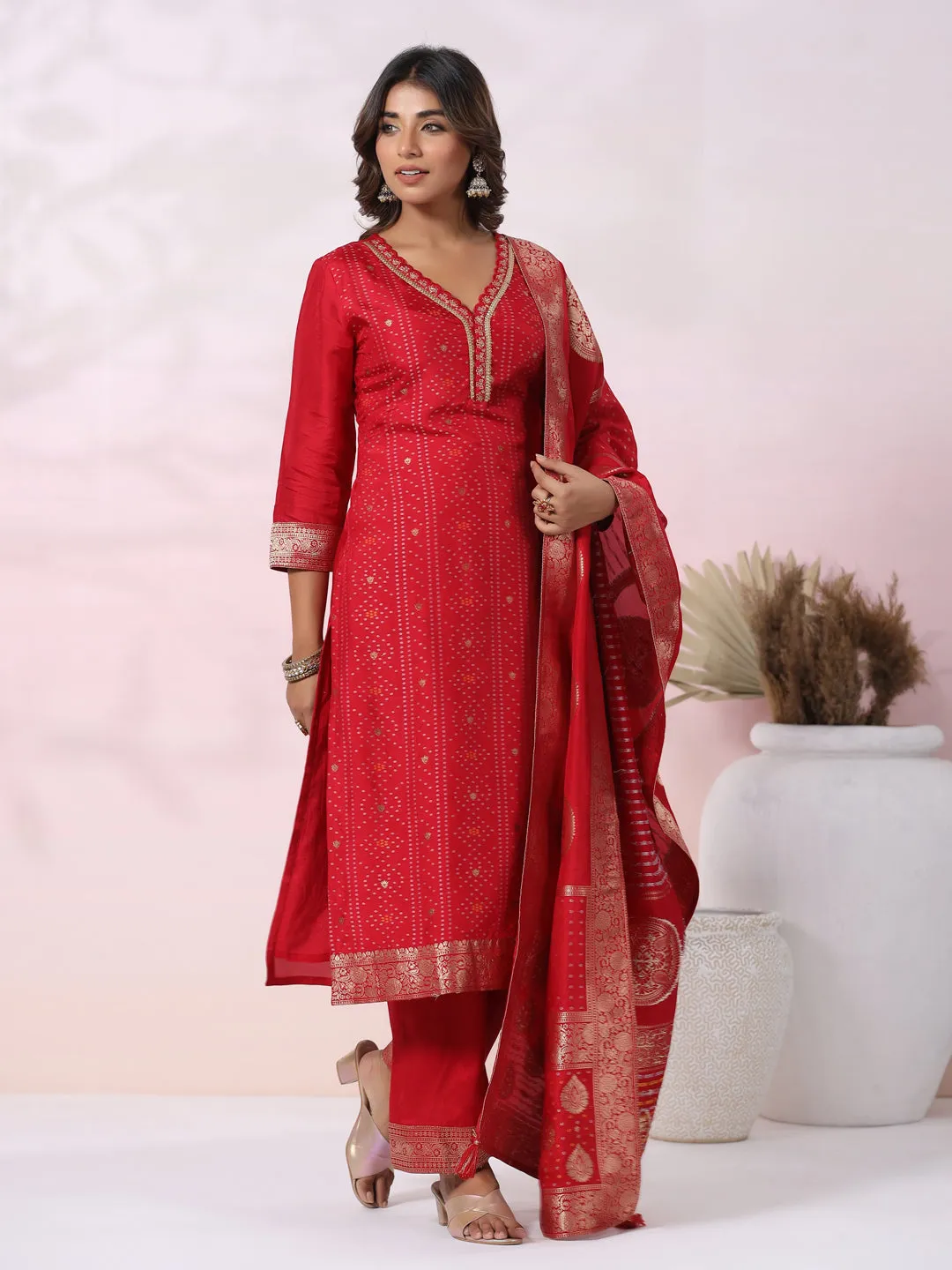 Bandhani Jacquard Woven & Embroidered Straight Kurta with Pant & Dupatta - Red