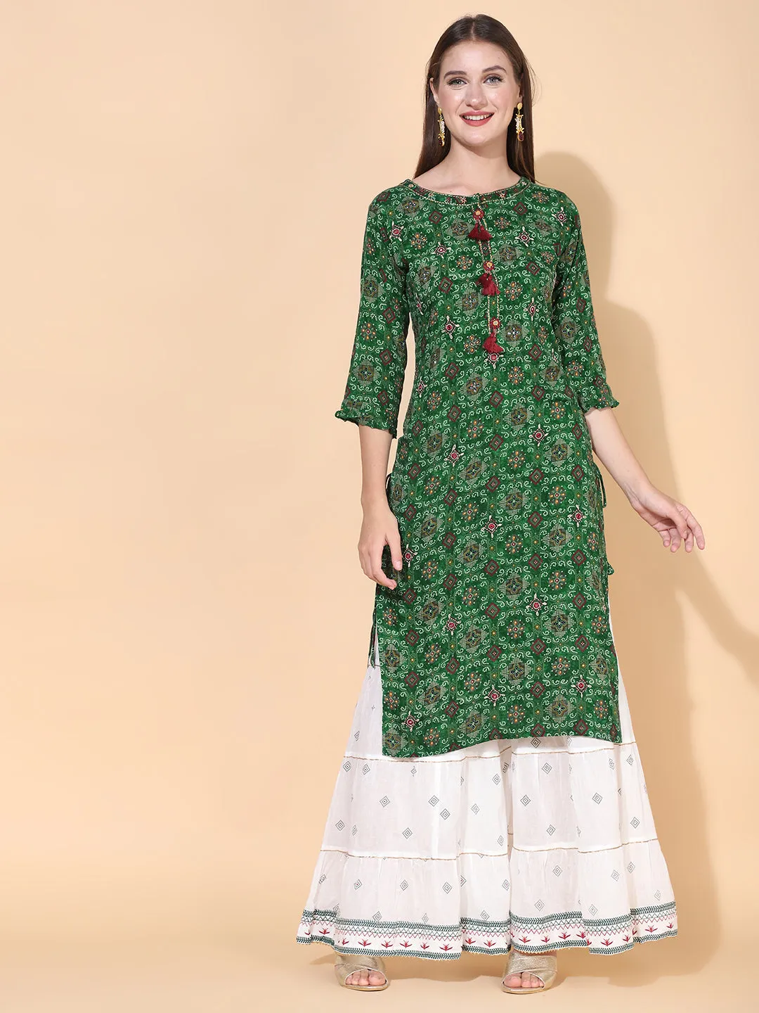 Bandhani Printed & Embroidered Kurta with Palazzo & Dupatta – Dark Green