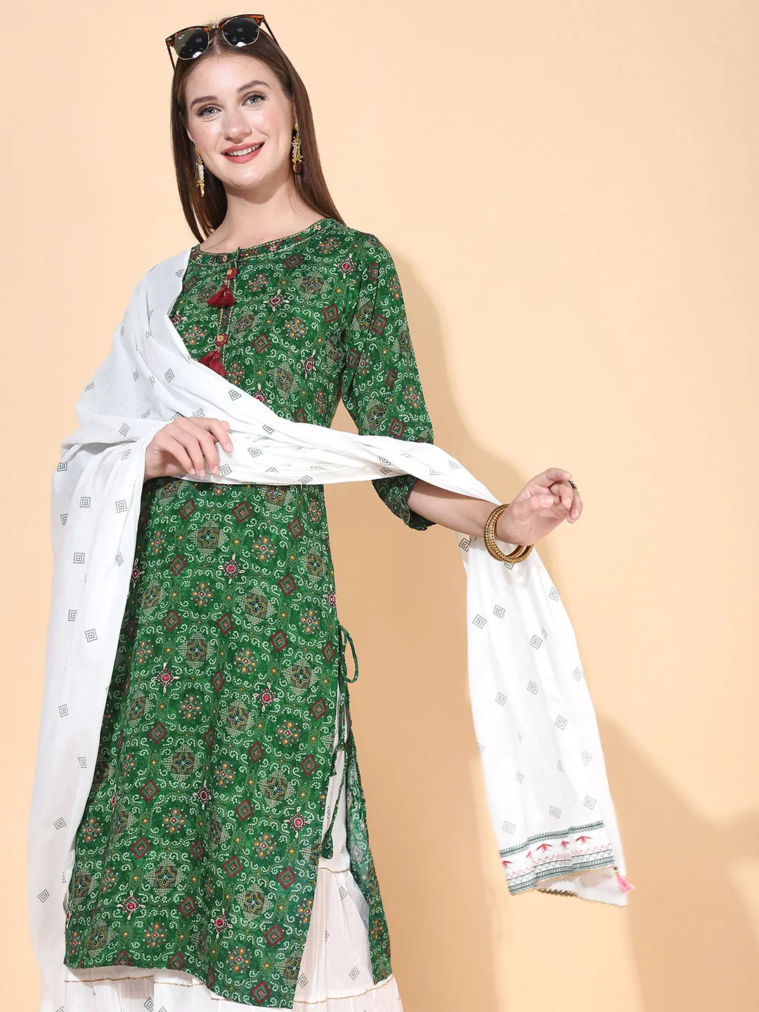 Bandhani Printed & Embroidered Kurta with Palazzo & Dupatta – Dark Green