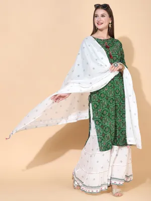 Bandhani Printed & Embroidered Kurta with Palazzo & Dupatta – Dark Green