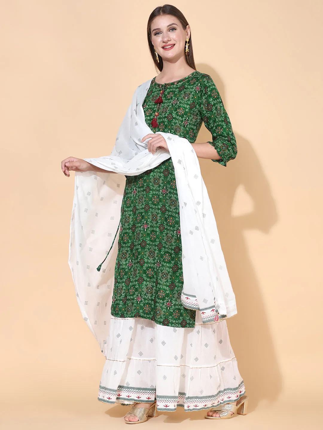 Bandhani Printed & Embroidered Kurta with Palazzo & Dupatta – Dark Green