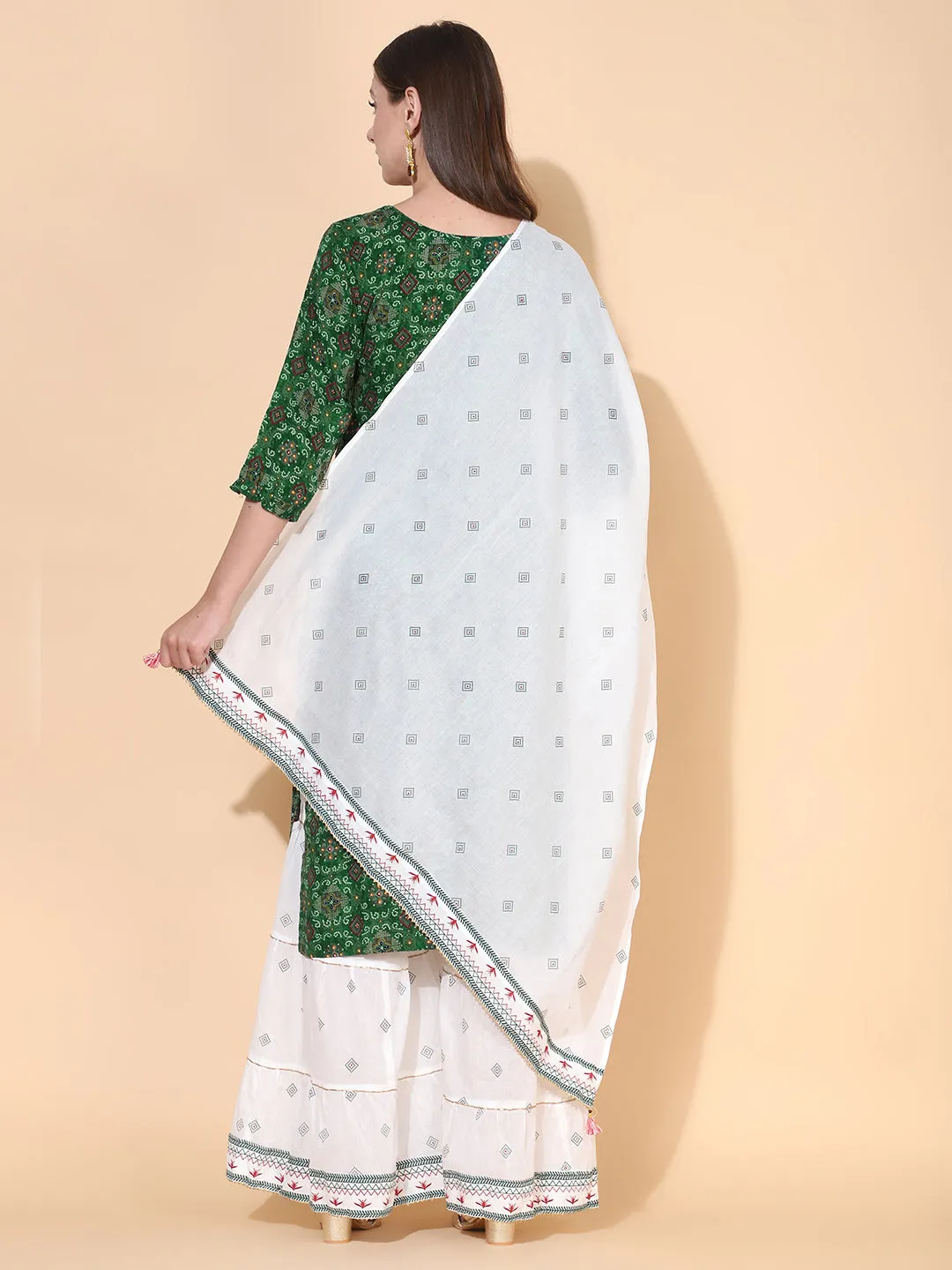 Bandhani Printed & Embroidered Kurta with Palazzo & Dupatta – Dark Green