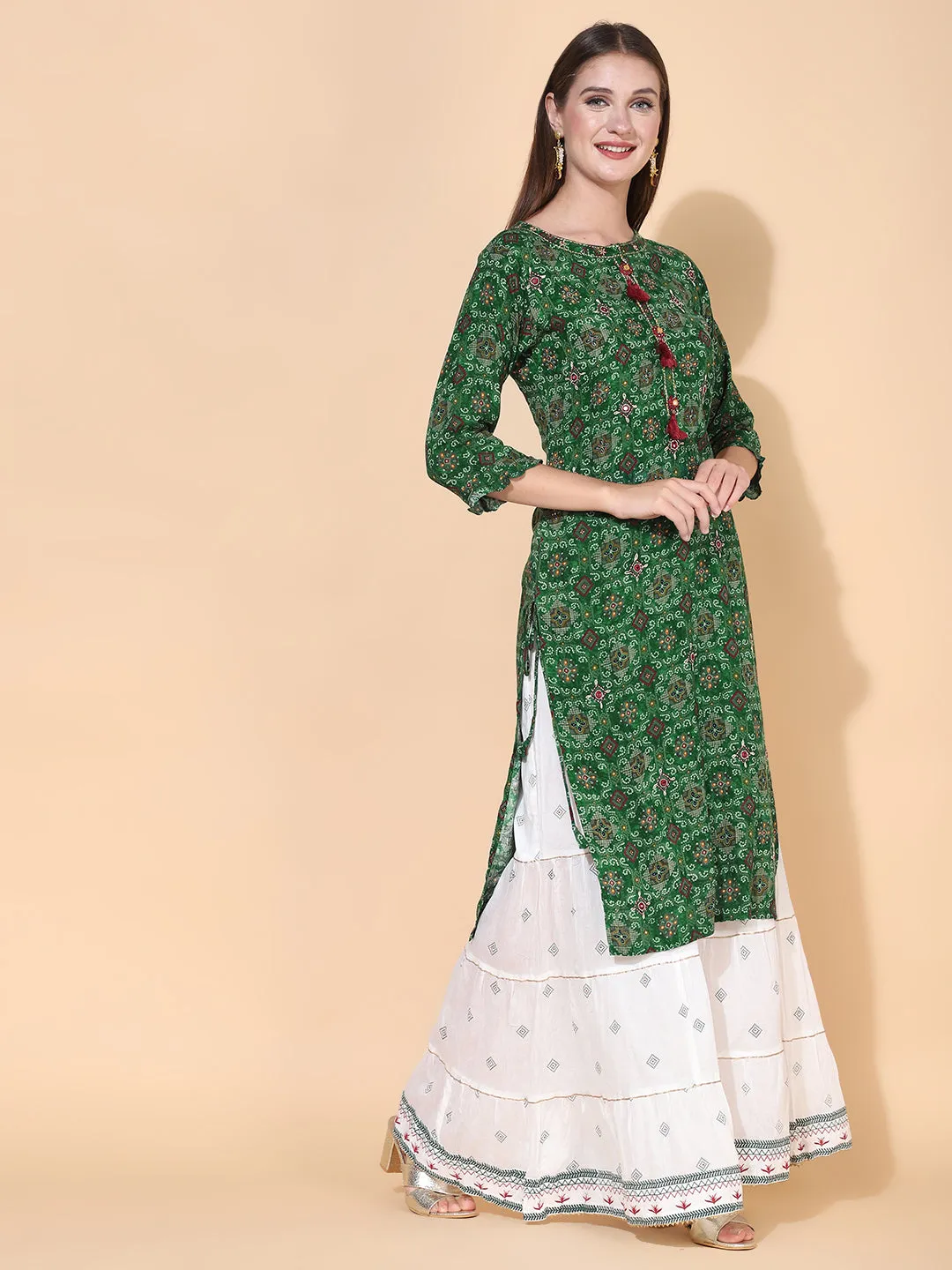 Bandhani Printed & Embroidered Kurta with Palazzo & Dupatta – Dark Green