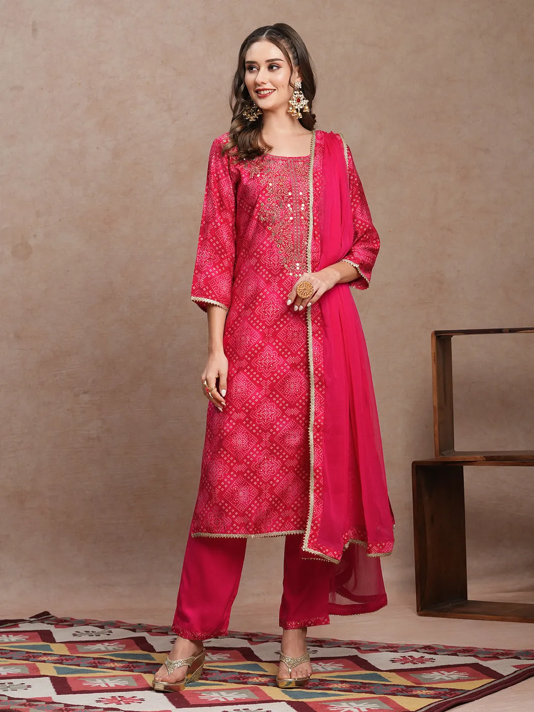 Bandhani Printed & Embroidered Straight Fit Kurta with Pant & Dupatta - Pink