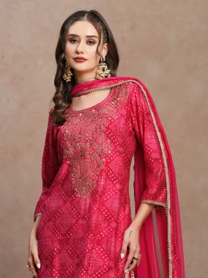 Bandhani Printed & Embroidered Straight Fit Kurta with Pant & Dupatta - Pink