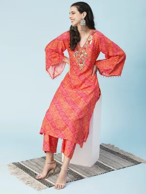 Bandhani Printed Mirror Embroidered Kurta With Pants - Orange