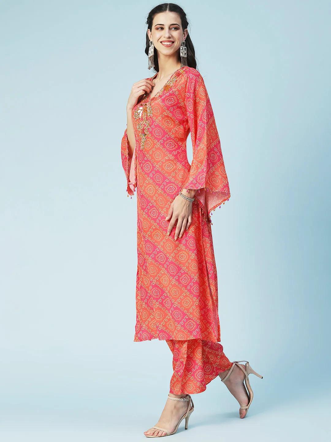 Bandhani Printed Mirror Embroidered Kurta With Pants - Orange