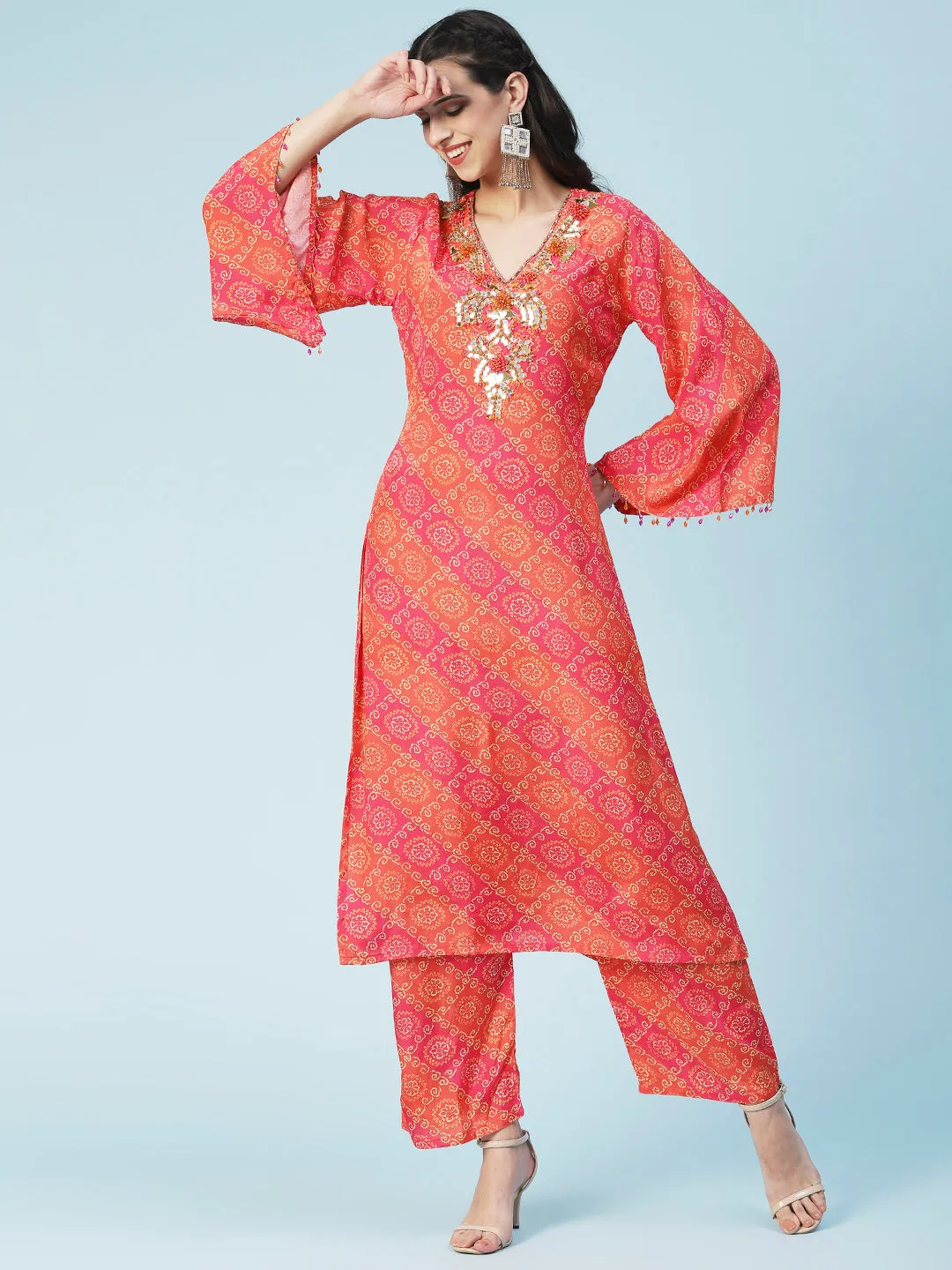 Bandhani Printed Mirror Embroidered Kurta With Pants - Orange