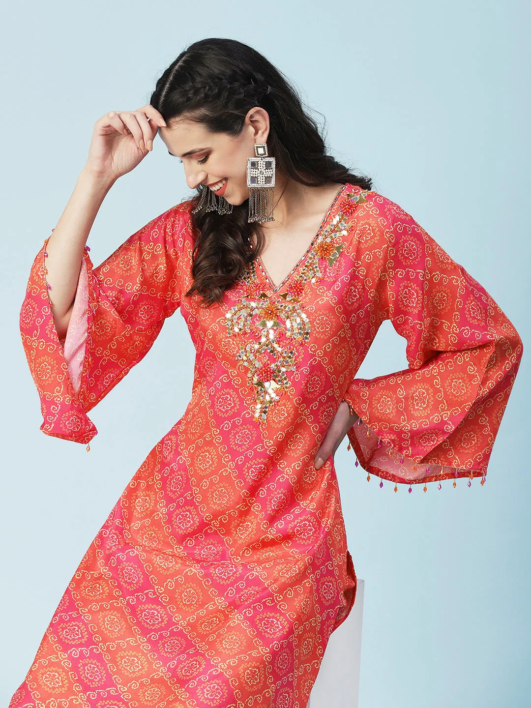 Bandhani Printed Mirror Embroidered Kurta With Pants - Orange