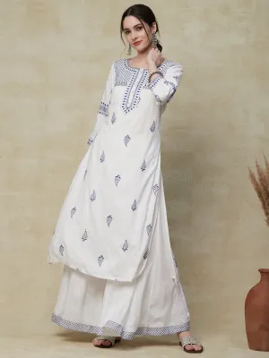 Barfi Printed Resham & sequins Embroidered Kurta with Palazzo - White