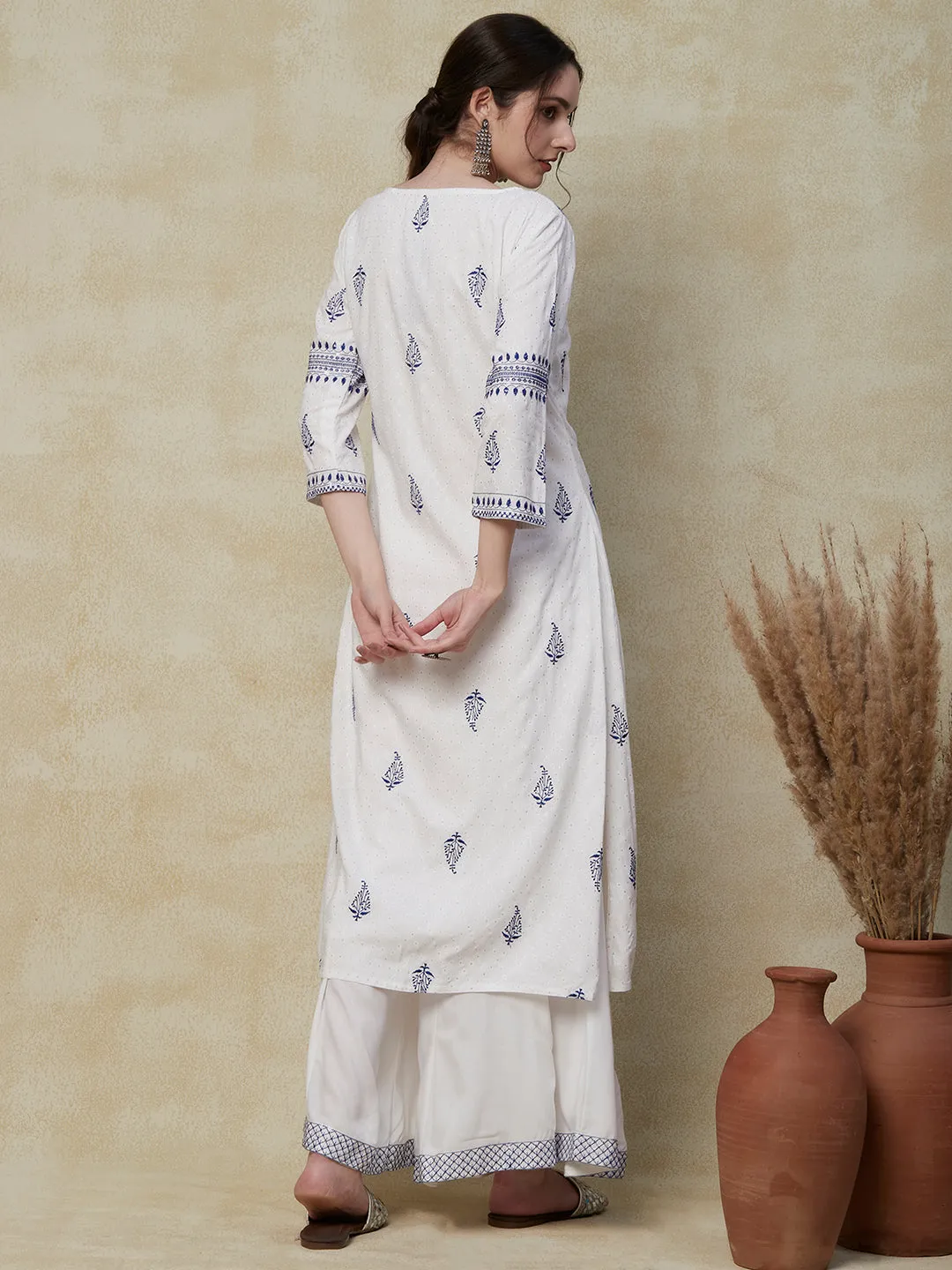 Barfi Printed Resham & sequins Embroidered Kurta with Palazzo - White