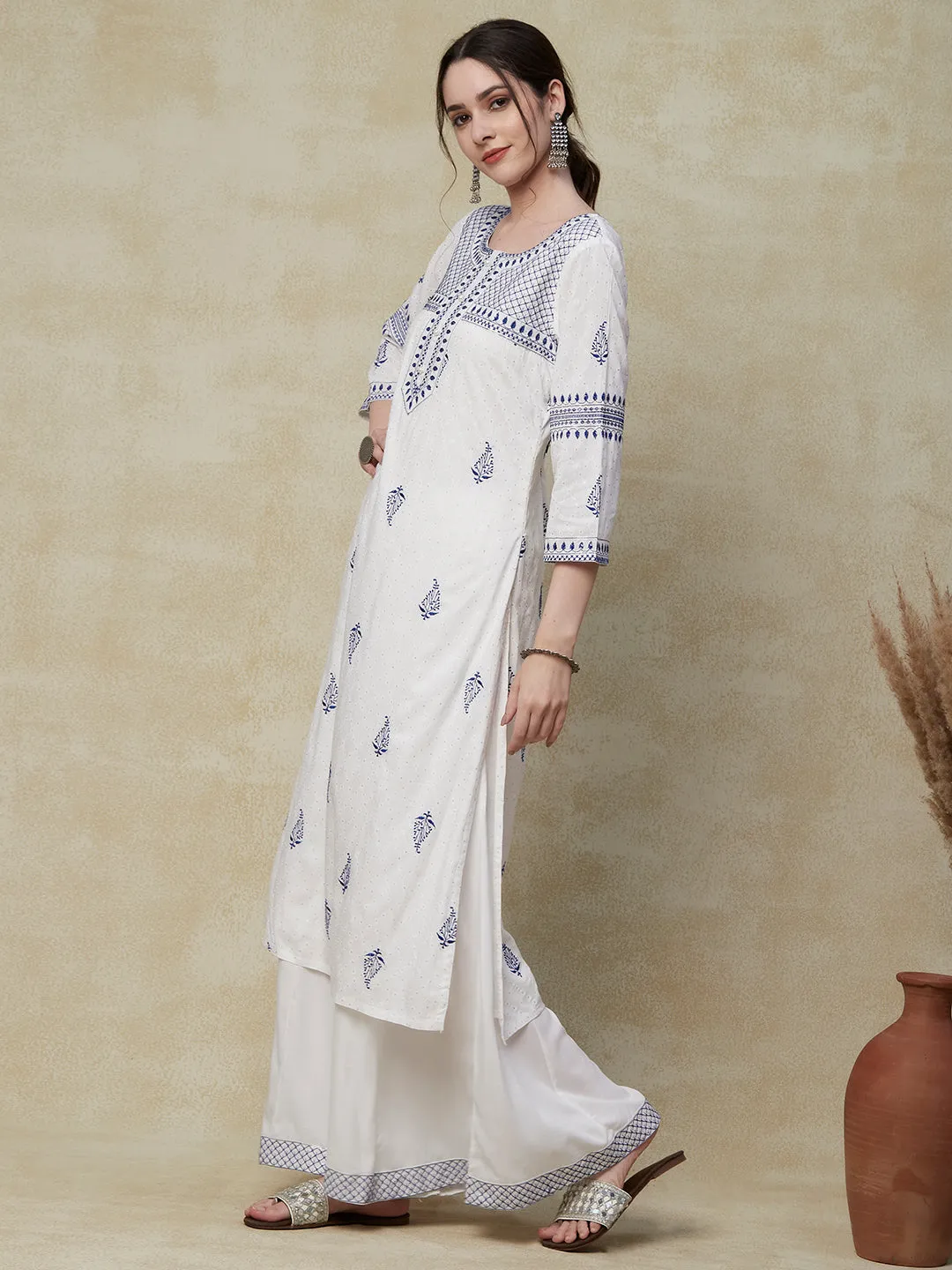 Barfi Printed Resham & sequins Embroidered Kurta with Palazzo - White