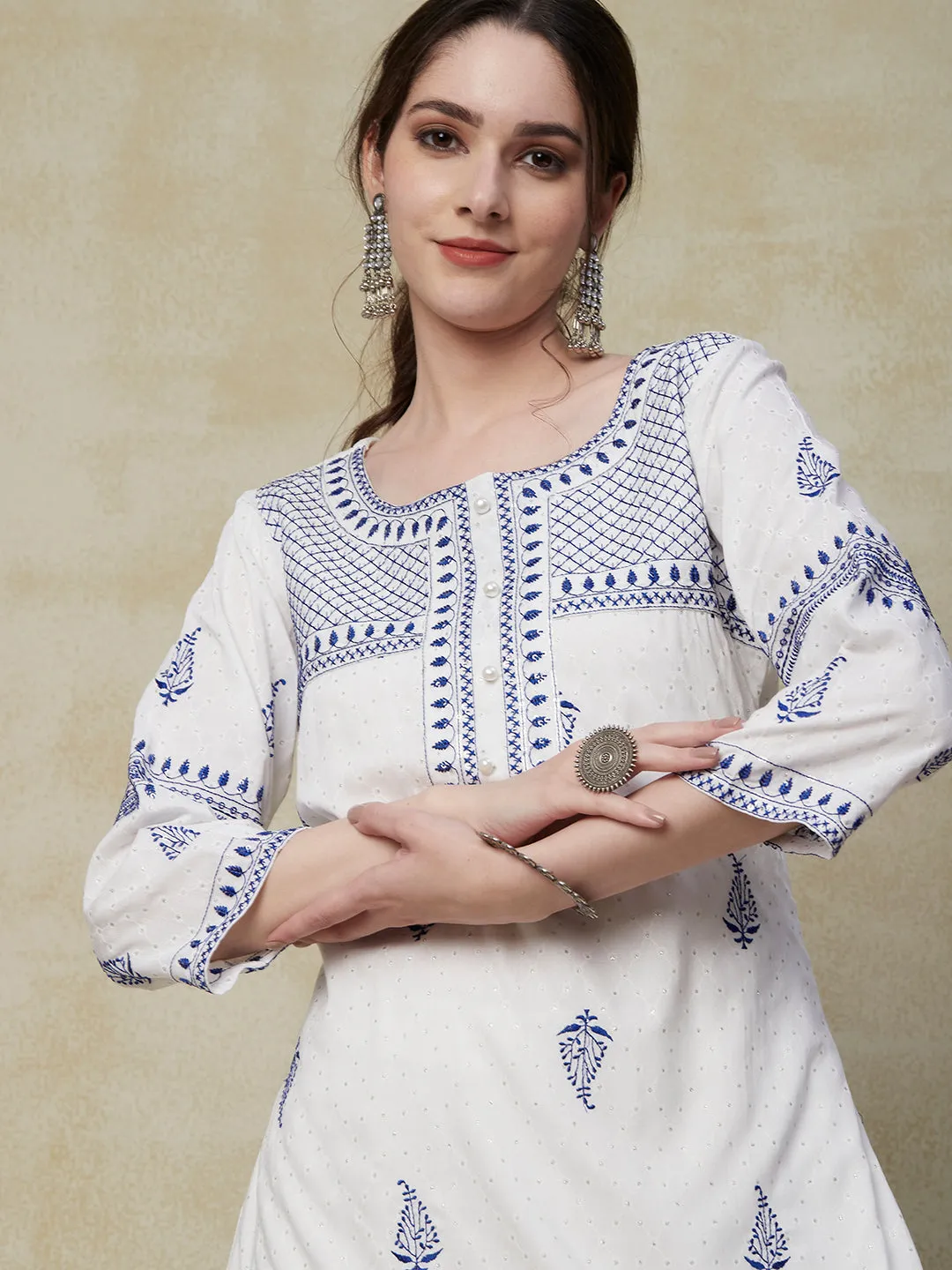 Barfi Printed Resham & sequins Embroidered Kurta with Palazzo - White