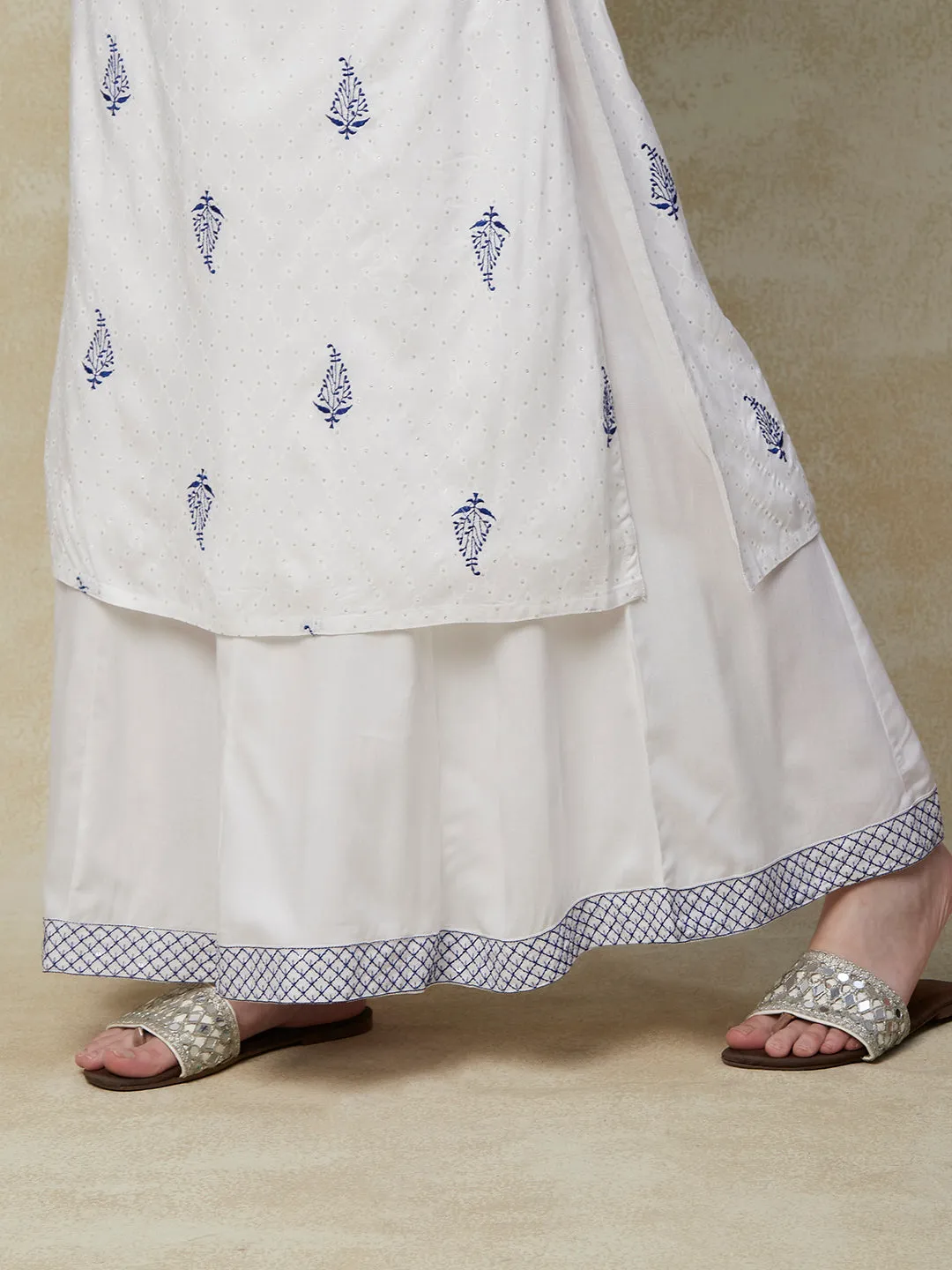 Barfi Printed Resham & sequins Embroidered Kurta with Palazzo - White