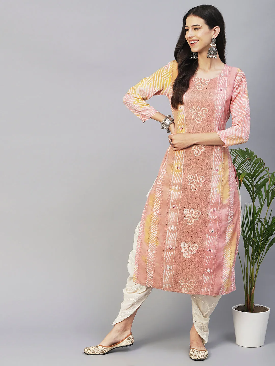 Batik Printed Mirror Embroidered Schiffili Kurta - Peach & Brown