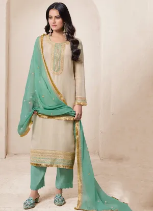 Beige And Green Traditional Embroidery Salwar Kameez Suit