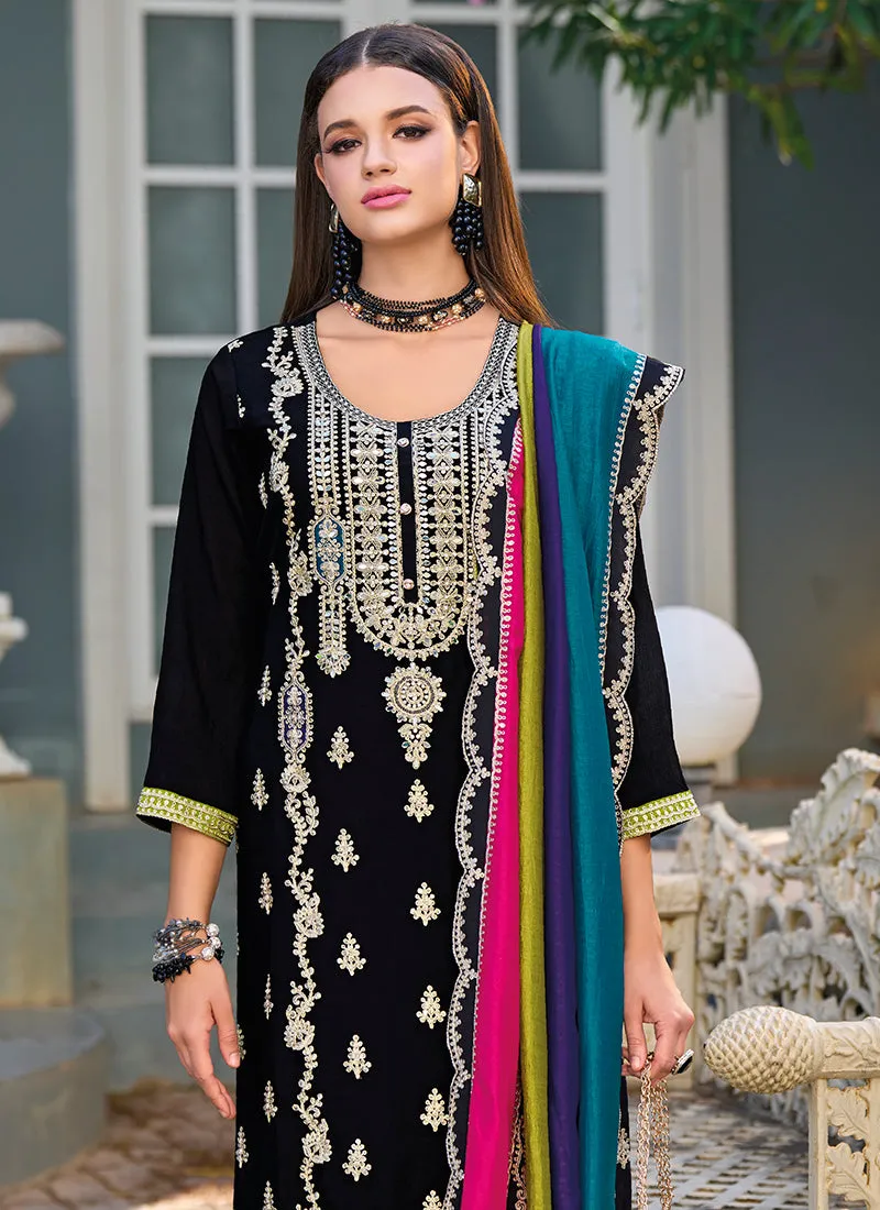 Black Multicolored Traditional Embroidery Pant Style Suit