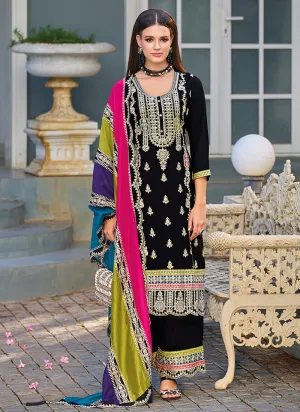 Black Multicolored Traditional Embroidery Pant Style Suit