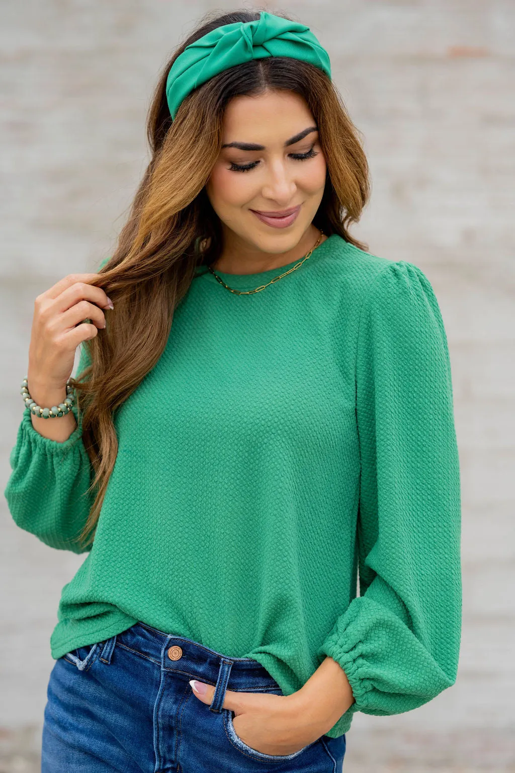 Bold Textured Cinched Sleeve Blouse