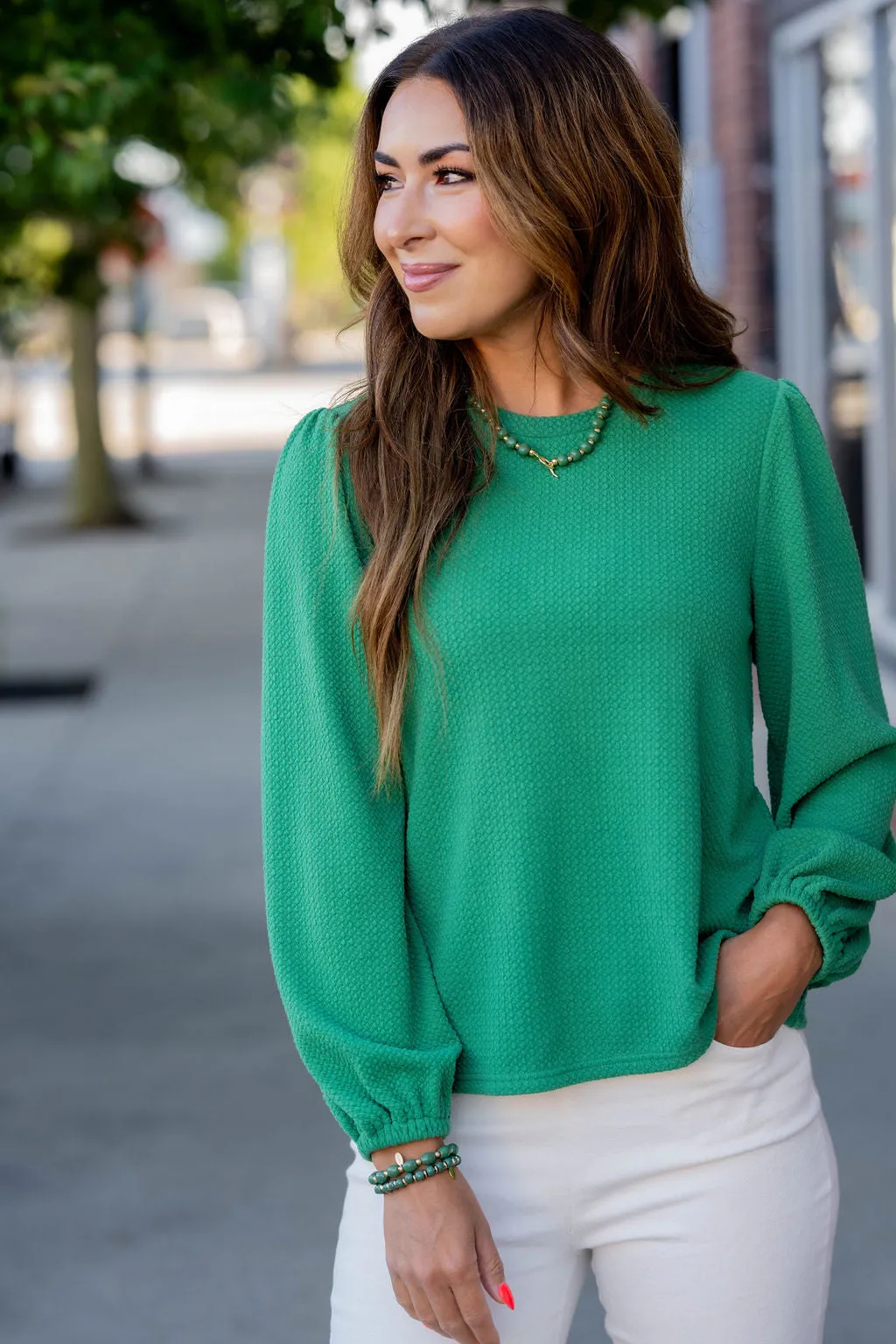 Bold Textured Cinched Sleeve Blouse